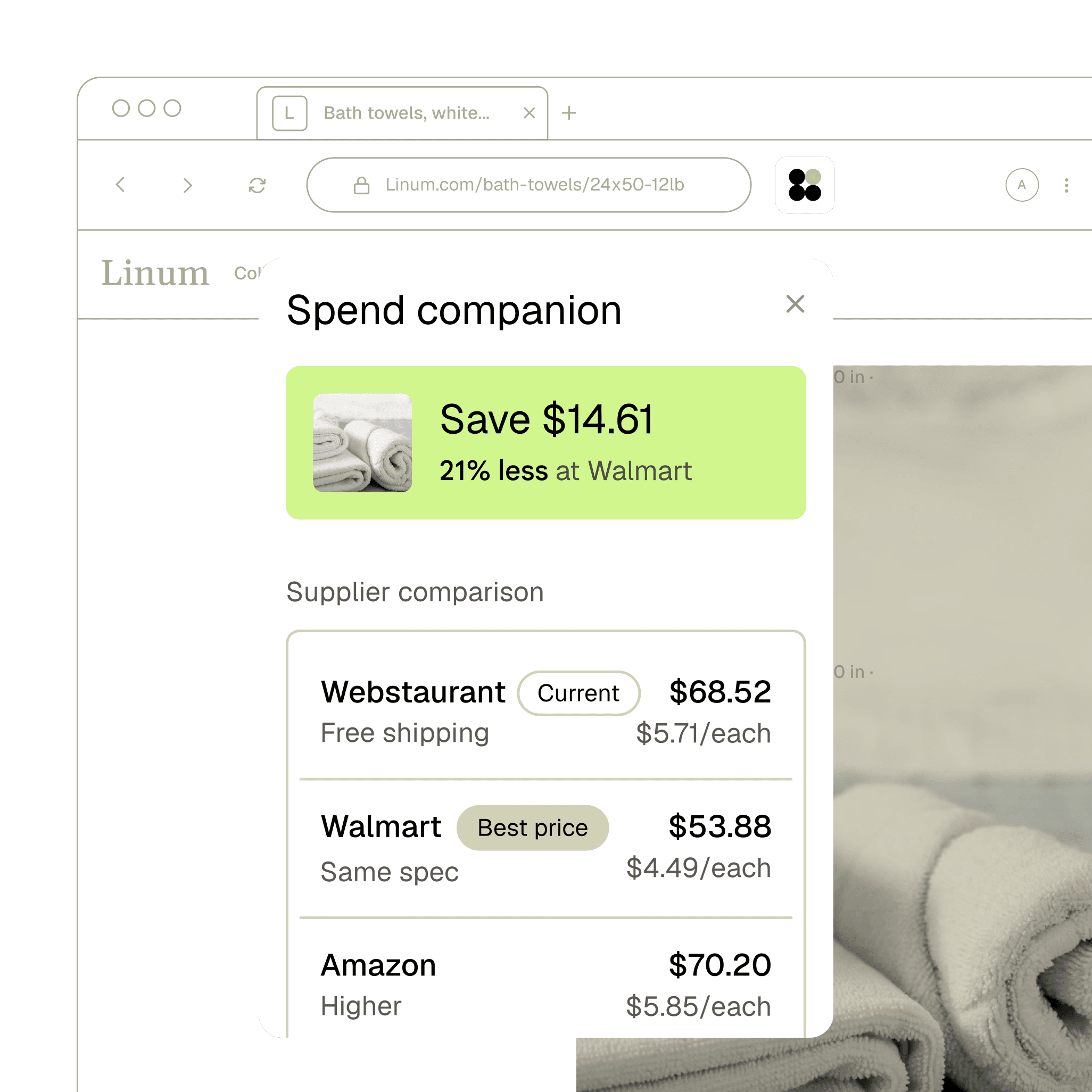 Lobbi Spend Companion showing a price comparison overlay on a supplier product page