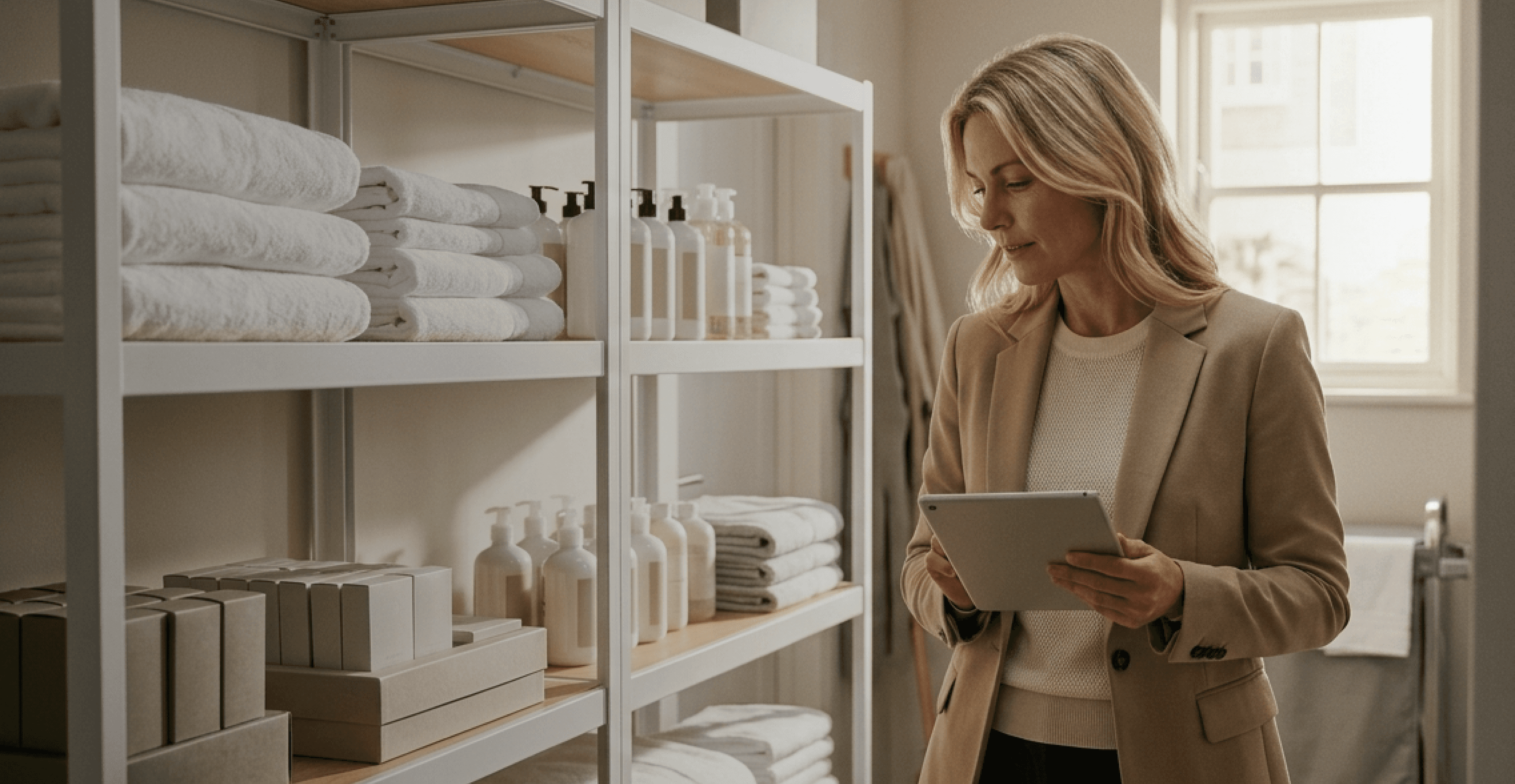 Hotel operator checking shelf supplies on a tablet